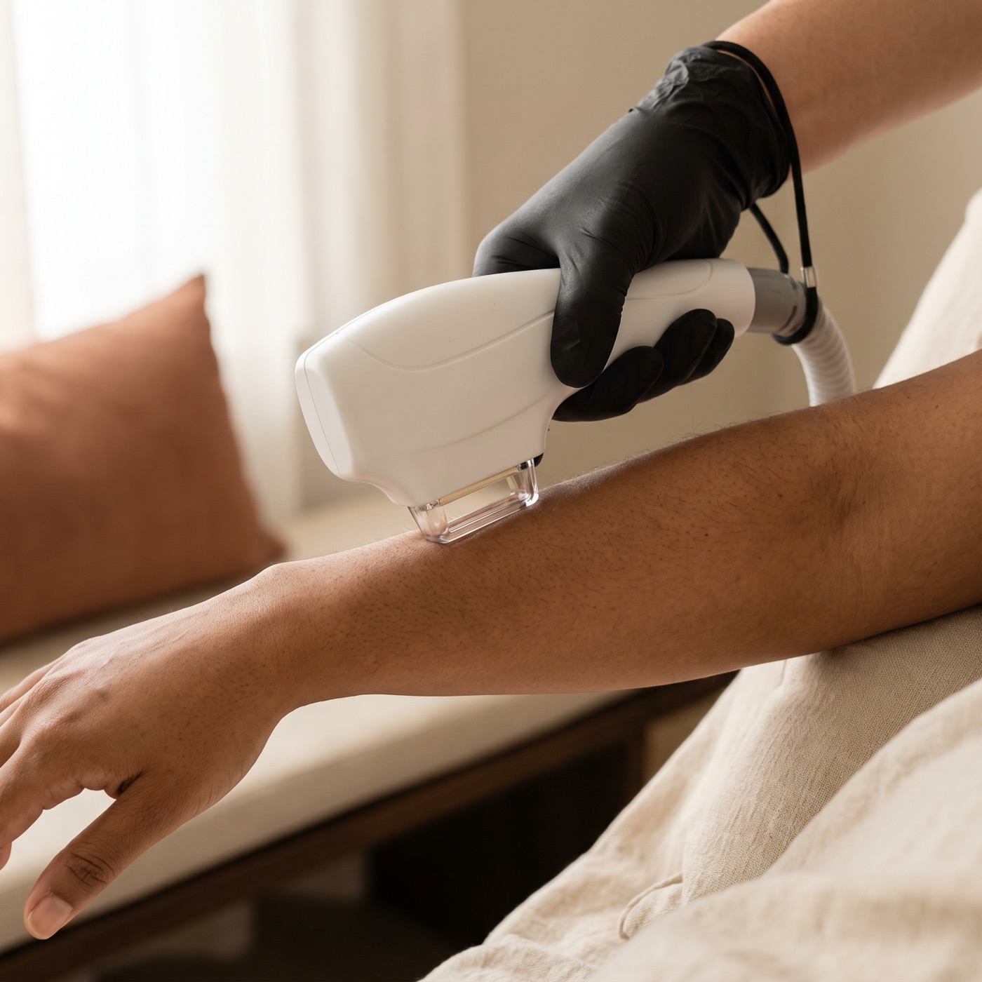 A laser hair removal treatment on a forearm, a provider's gloved hand holding the handpiece