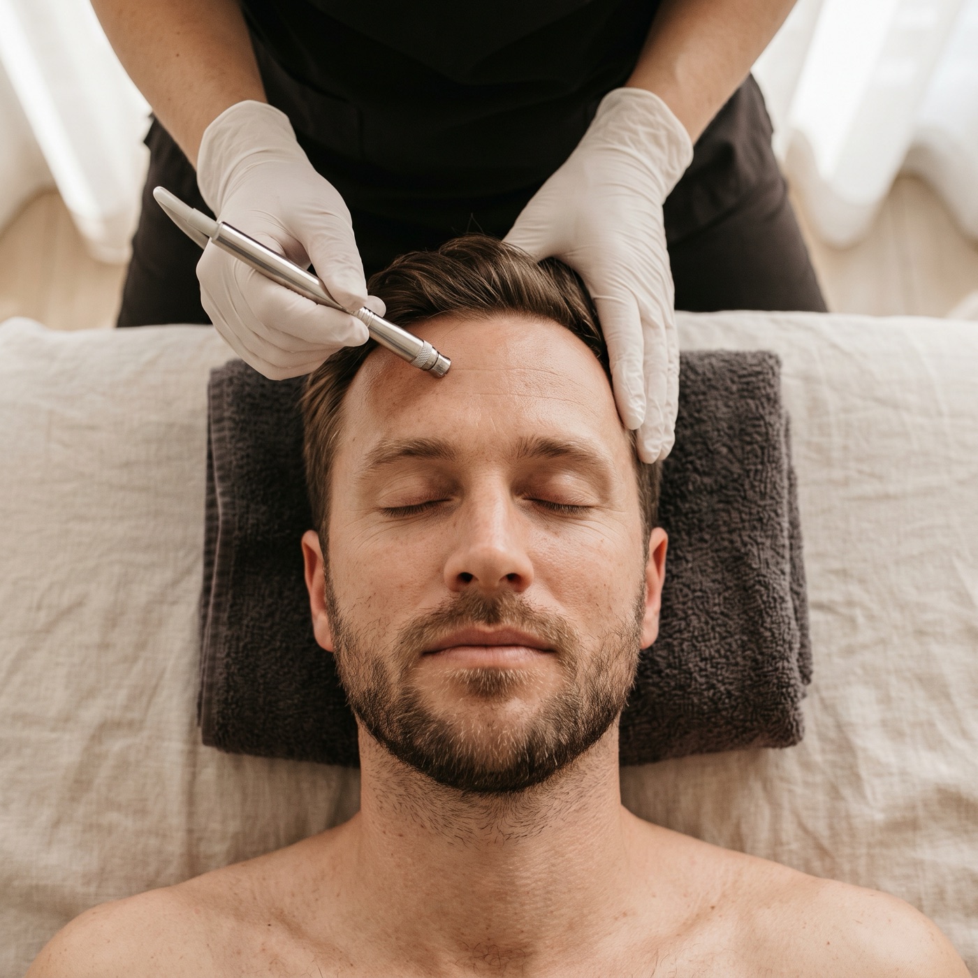 A man relaxing during a facial treatment, a provider's gloved hands guiding a facial wand