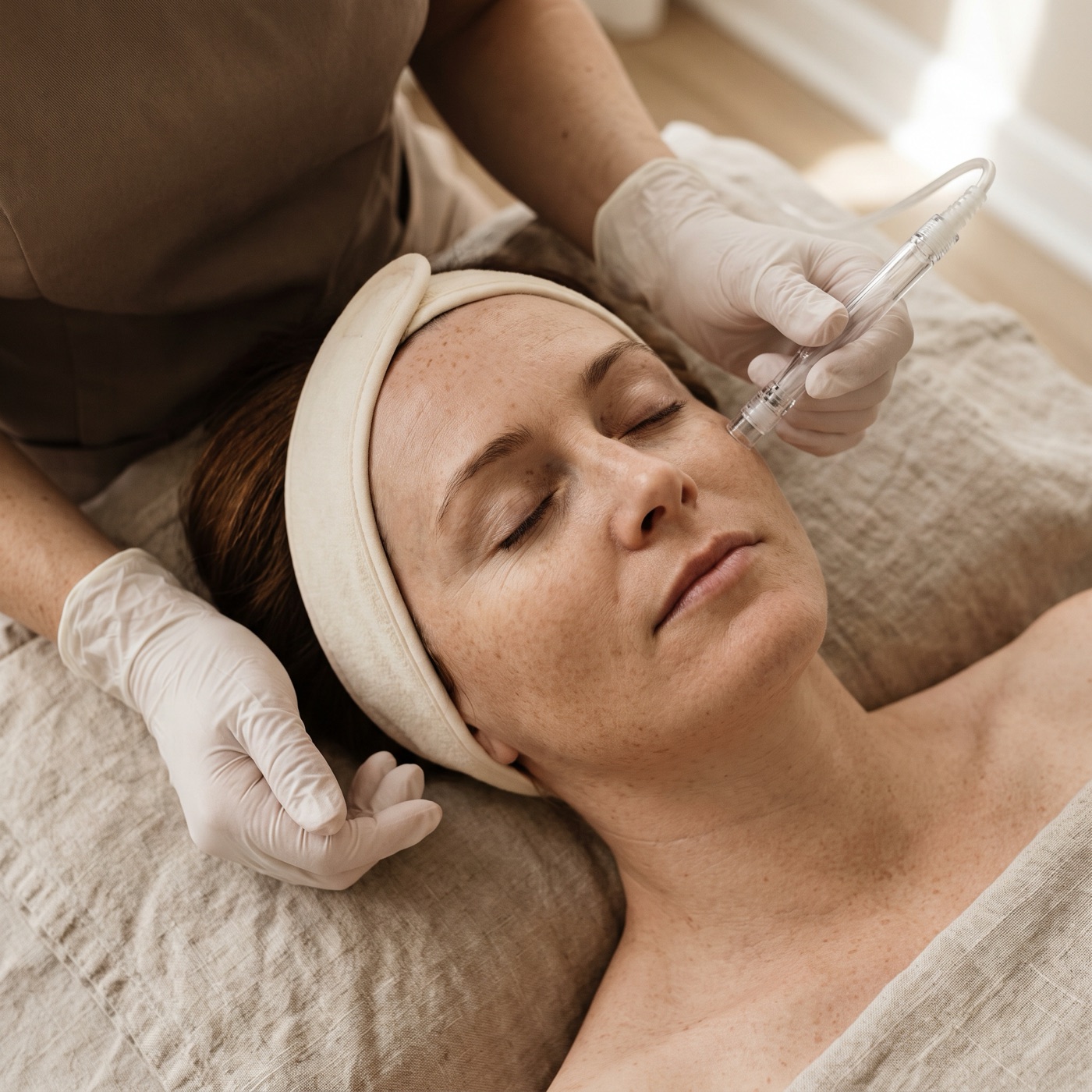 A woman relaxing during a facial treatment, a provider's gloved hands guiding a facial wand