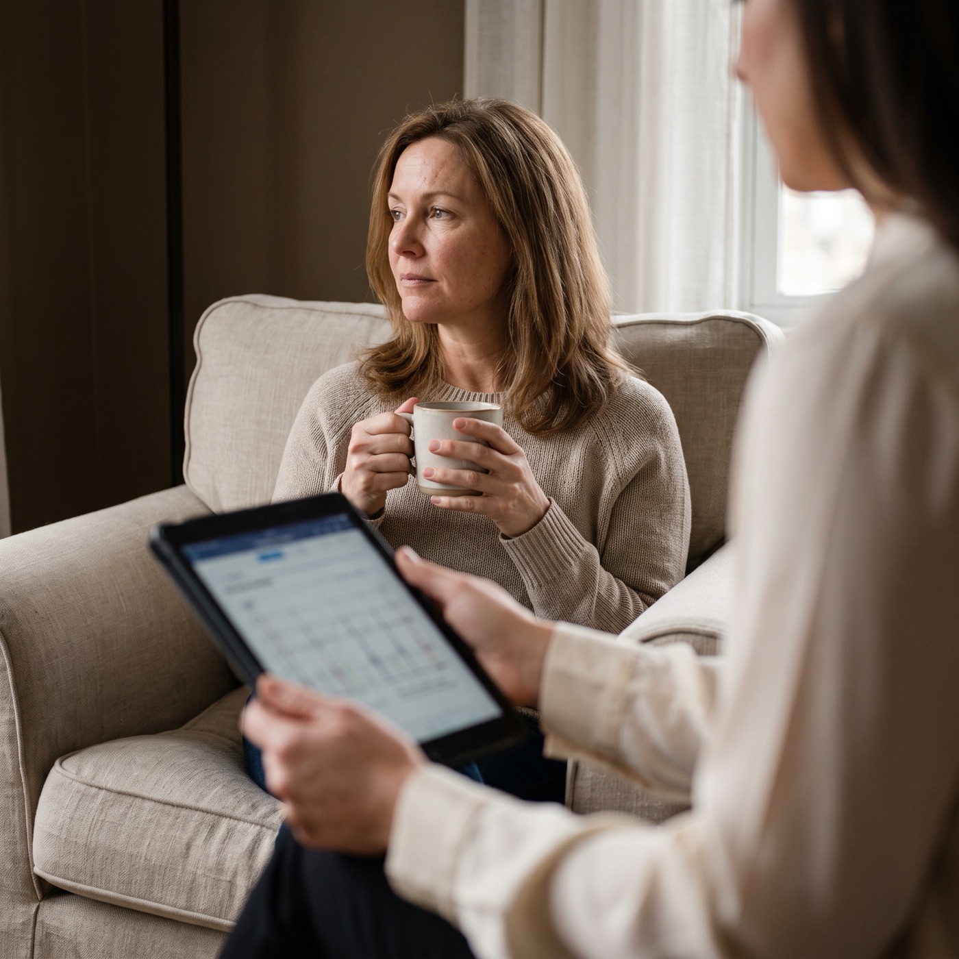 A woman in a calm consultation, a provider reviewing a plan on a tablet