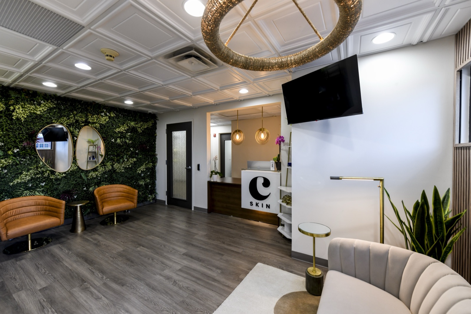 The Choosi lounge, with the living green wall on the left and the sofa and floor lamp on the right