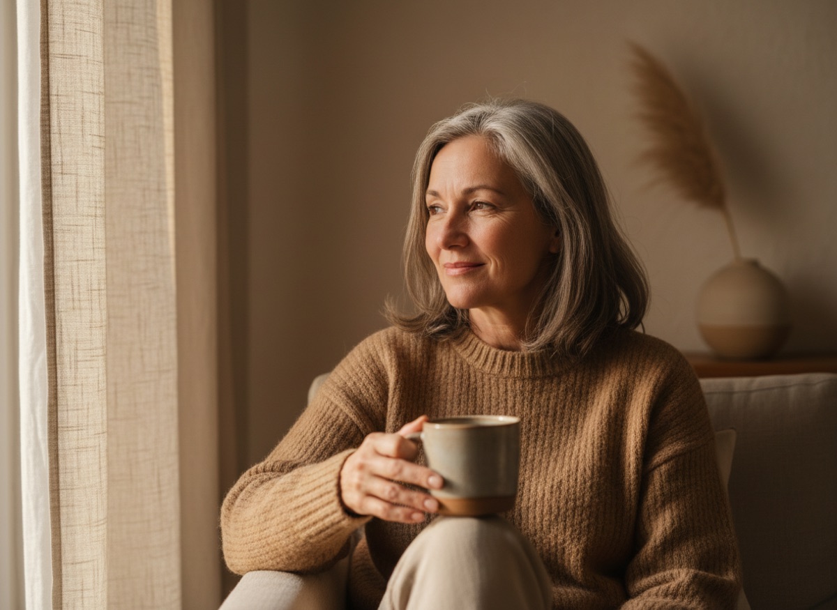 A woman in her fifties resting in warm afternoon light