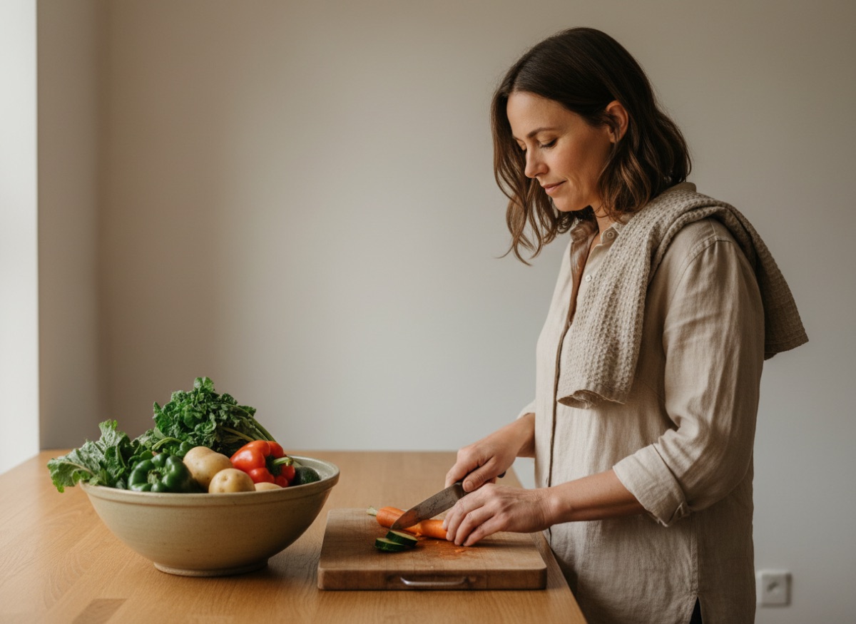 A woman preparing a simple meal in a sunlit kitchen