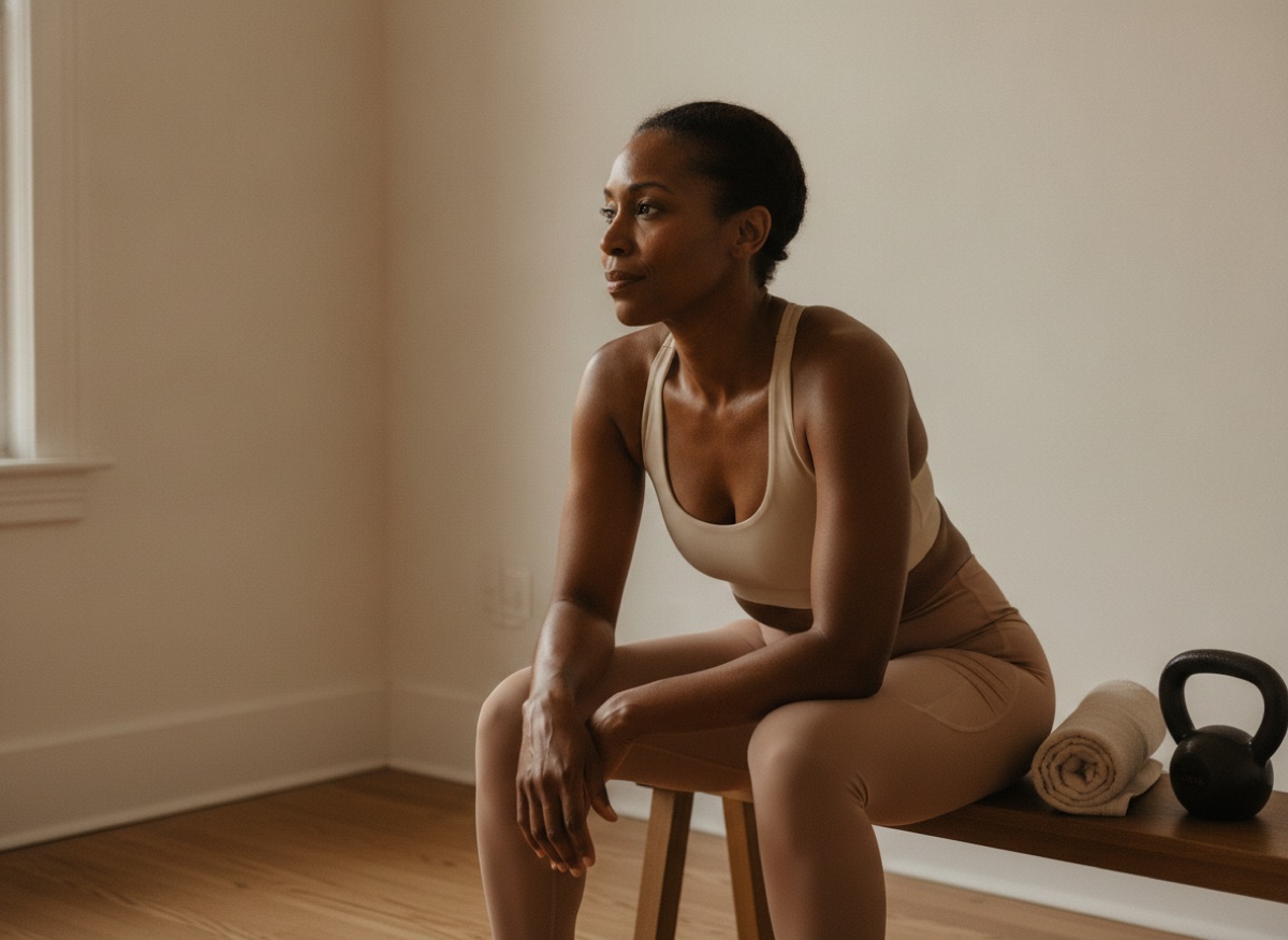 A woman resting between sets in a quiet home gym