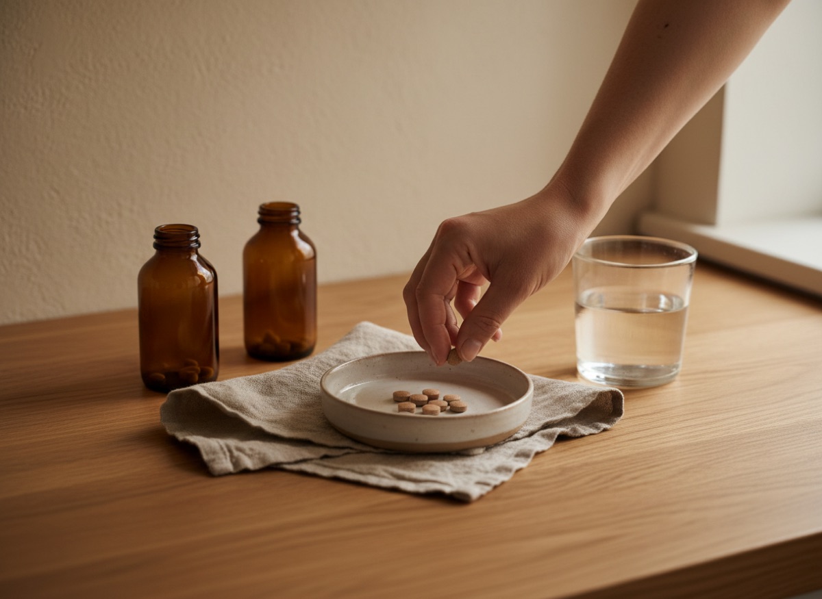 A daily supplement regimen set out on a kitchen counter